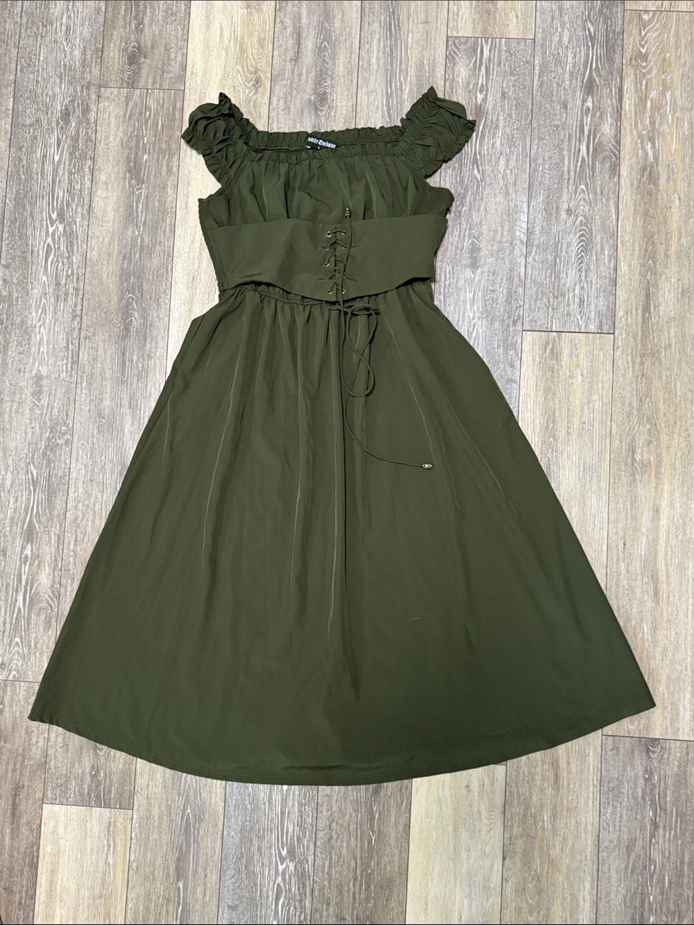 Olive Green Ruffled Off-Shoulder Midi Dress with Corset Waist